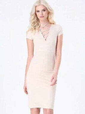 Bebe Light Tan Neckline Lace Up Dress Size Large